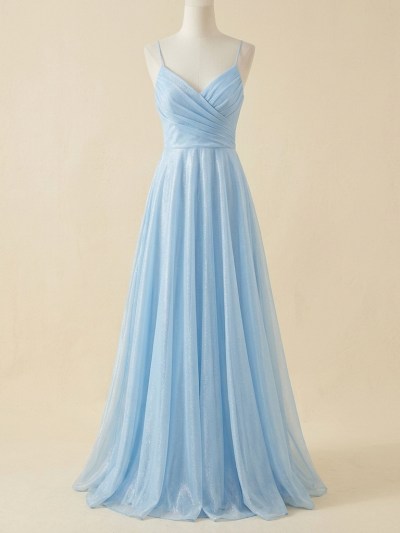 Robe de Soirée Longue Bleu Ciel Scintillante à Fines Bretelles
