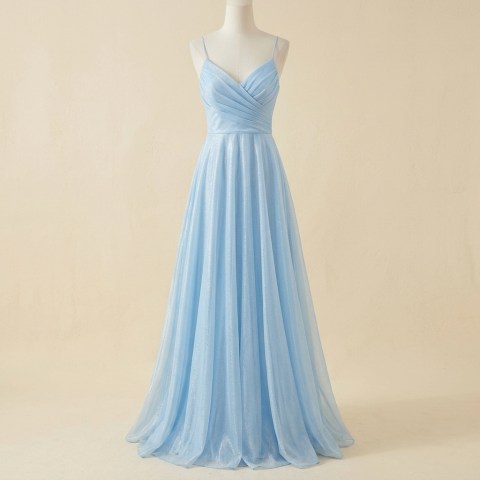 Robe de Soirée Longue Bleu Ciel Scintillante à Fines Bretelles