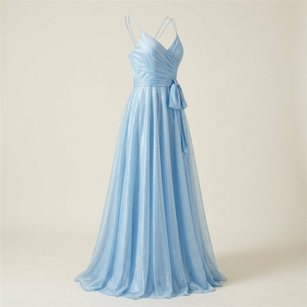 Robe de Soirée Longue Bleu Ciel Scintillante à Fines Bretelles