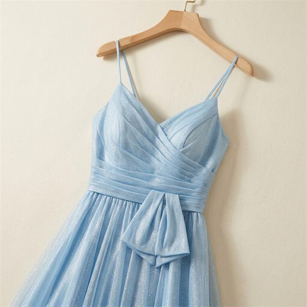 Robe de Soirée Longue Bleu Ciel Scintillante à Fines Bretelles
