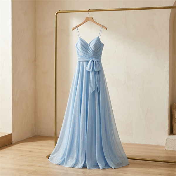 Robe de Soirée Longue Bleu Ciel Scintillante à Fines Bretelles
