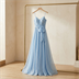 Robe de Soirée Longue Bleu Ciel Scintillante à Fines Bretelles