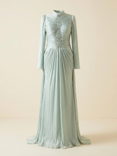Robe de Soirée Longue Plissée Vert d'Eau à Manches Longues et Strass
