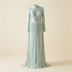 Robe de Soirée Longue Plissée Vert d'Eau à Manches Longues et Strass