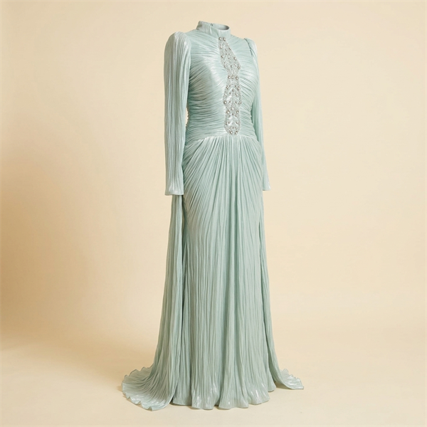 Robe de Soirée Longue Plissée Vert d'Eau à Manches Longues et Strass