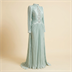 Robe de Soirée Longue Plissée Vert d'Eau à Manches Longues et Strass