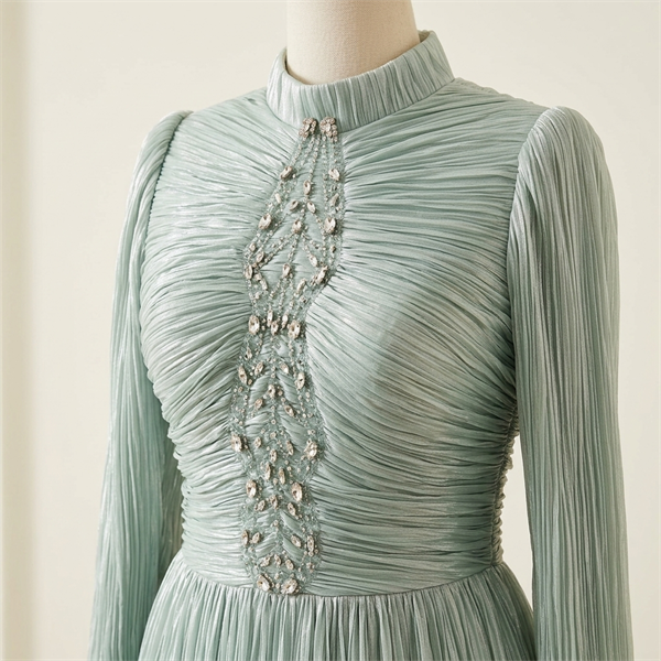 Robe de Soirée Longue Plissée Vert d'Eau à Manches Longues et Strass