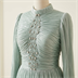 Robe de Soirée Longue Plissée Vert d'Eau à Manches Longues et Strass