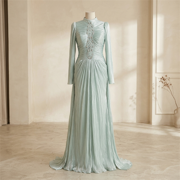 Robe de Soirée Longue Plissée Vert d'Eau à Manches Longues et Strass