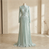 Robe de Soirée Longue Plissée Vert d'Eau à Manches Longues et Strass