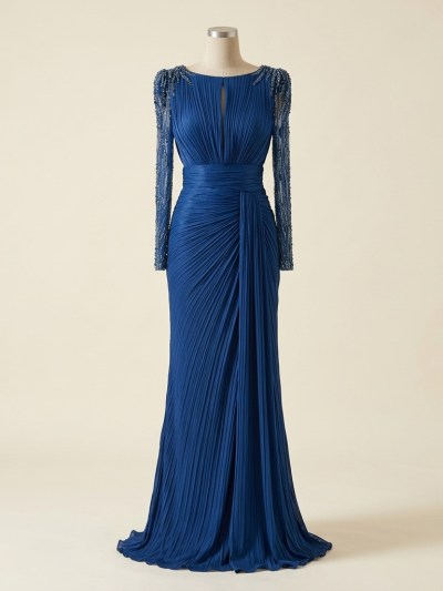 Robe de Soirée Longue Plissée Bleue à Manches Broderies et Perles