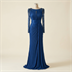Robe de Soirée Longue Plissée Bleue à Manches Broderies et Perles