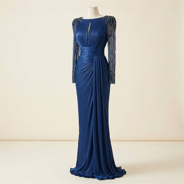 Robe de Soirée Longue Plissée Bleue à Manches Broderies et Perles