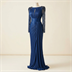 Robe de Soirée Longue Plissée Bleue à Manches Broderies et Perles