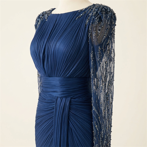 Robe de Soirée Longue Plissée Bleue à Manches Broderies et Perles