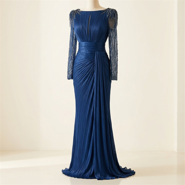 Robe de Soirée Longue Plissée Bleue à Manches Broderies et Perles
