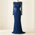 Robe de Soirée Longue Plissée Bleue à Manches Broderies et Perles