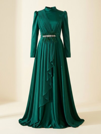 Robe de Soirée Longue en Satin Vert Émeraude avec Détails Drapés