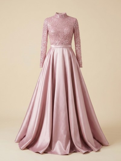 Robe de Soirée Longue en Satin Rose Poudré avec Buste Pailleté