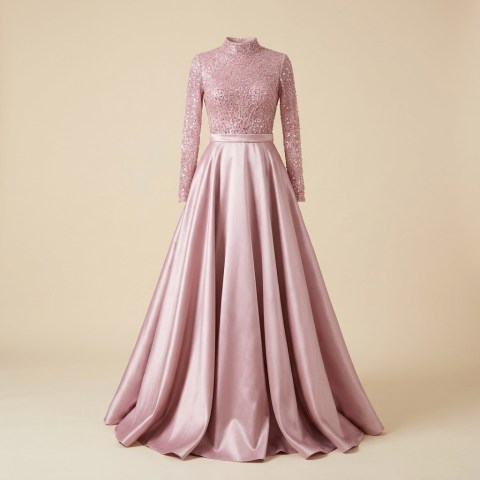 Robe de Soirée Longue en Satin Rose Poudré avec Buste Pailleté