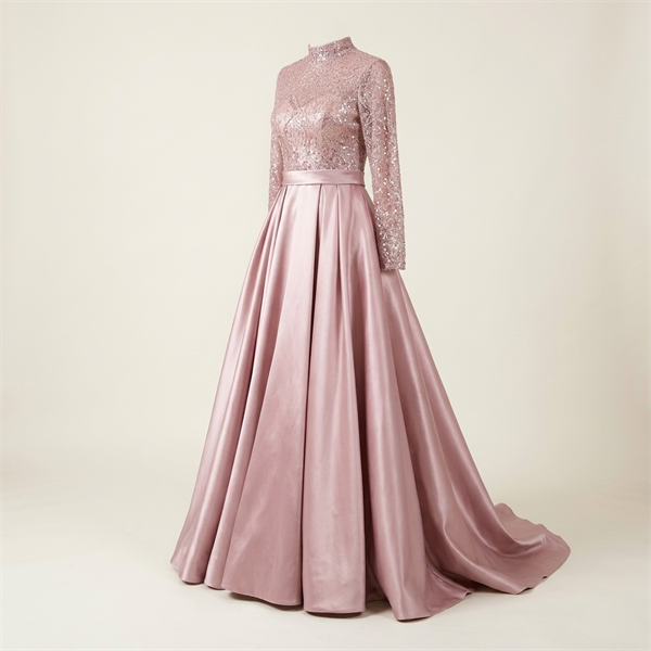 Robe de Soirée Longue en Satin Rose Poudré avec Buste Pailleté