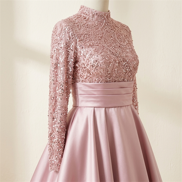 Robe de Soirée Longue en Satin Rose Poudré avec Buste Pailleté