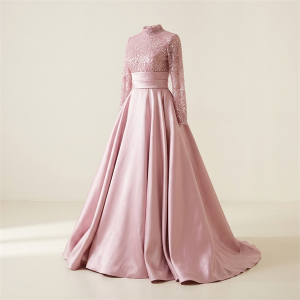 Robe de Soirée Longue en Satin Rose Poudré avec Buste Pailleté