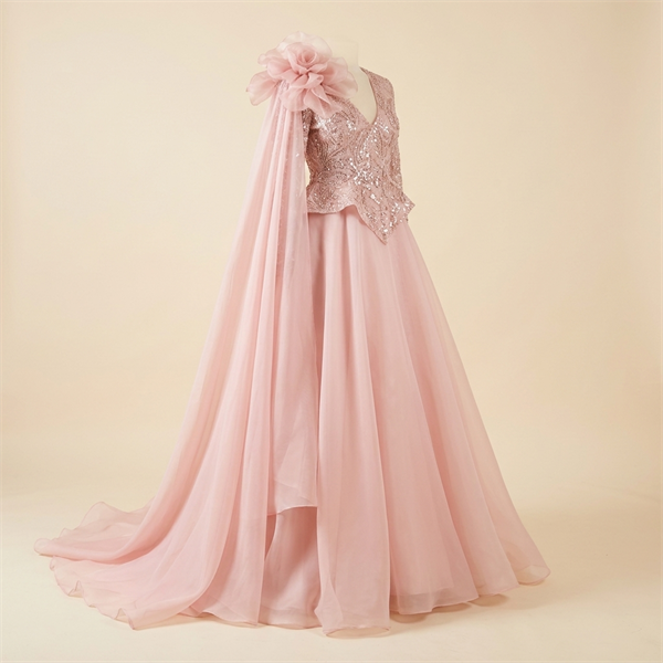 Robe de Soirée Longue Rose Poudré avec Cape et Broderies Scintillantes