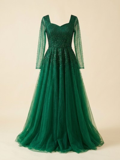 Robe de Soirée Longue en Tulle Vert Émeraude à Perles