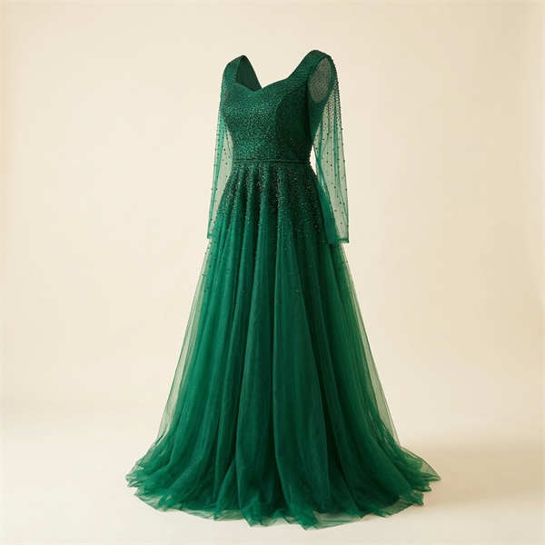 Robe de Soirée Longue en Tulle Vert Émeraude à Perles