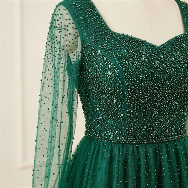 Robe de Soirée Longue en Tulle Vert Émeraude à Perles