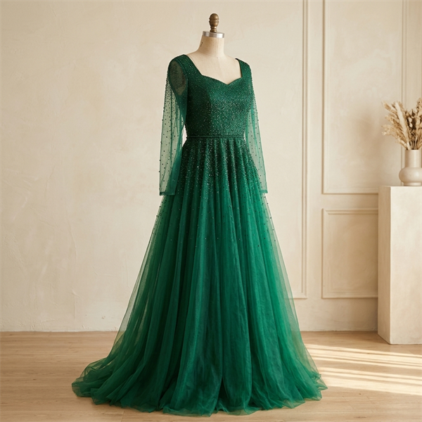 Robe de Soirée Longue en Tulle Vert Émeraude à Perles