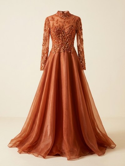 Robe de Soirée Longue Terracotta à Broderies et Sequins