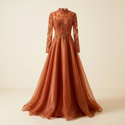 Robe de Soirée Longue Terracotta à Broderies et Sequins