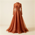 Robe de Soirée Longue Terracotta à Broderies et Sequins