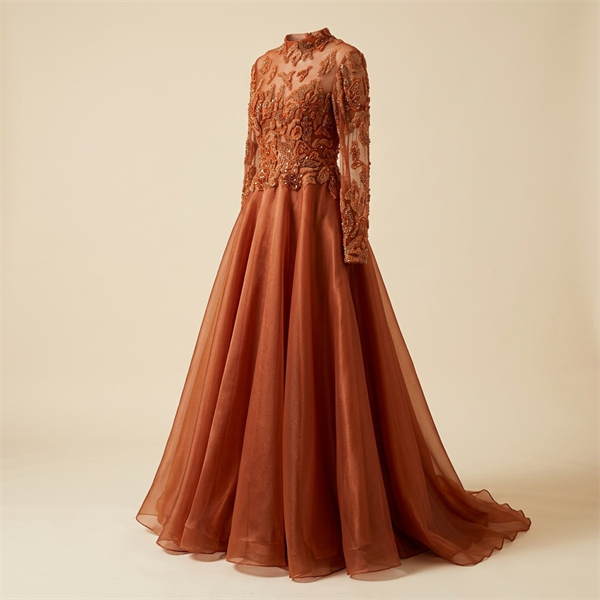 Robe de Soirée Longue Terracotta à Broderies et Sequins