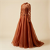 Robe de Soirée Longue Terracotta à Broderies et Sequins