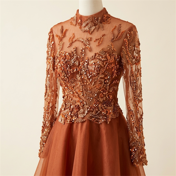 Robe de Soirée Longue Terracotta à Broderies et Sequins