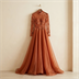 Robe de Soirée Longue Terracotta à Broderies et Sequins