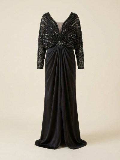 Robe de Soirée Longue Noire Drapée avec Haut à Sequins