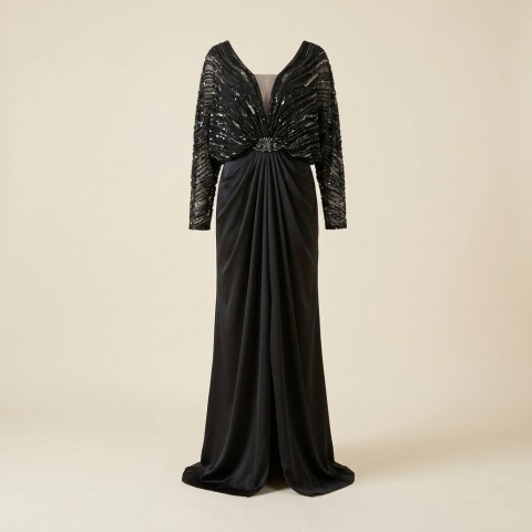 Robe de Soirée Longue Noire Drapée avec Haut à Sequins