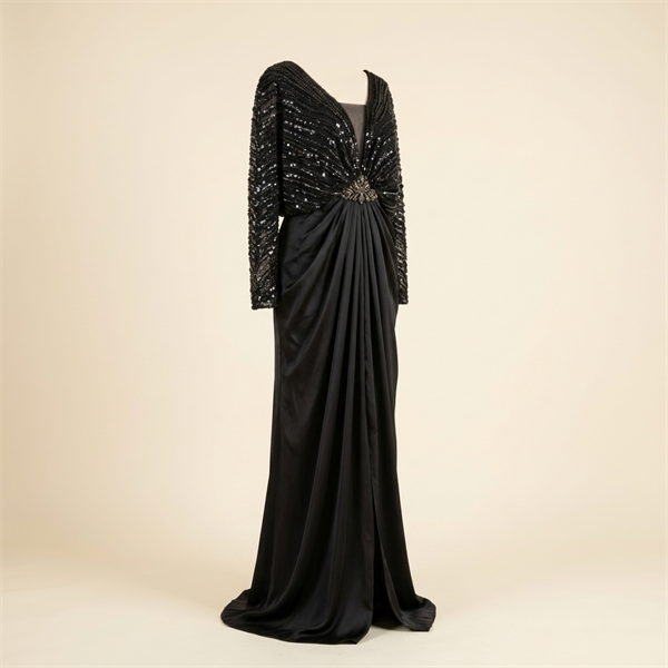 Robe de Soirée Longue Noire Drapée avec Haut à Sequins