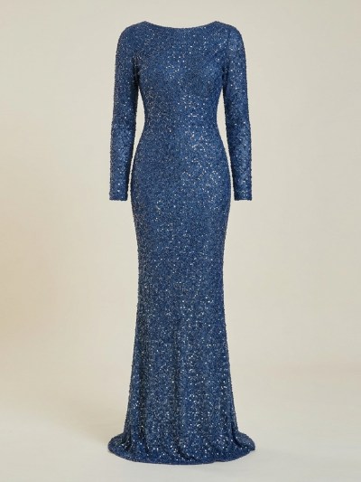 Robe de Soirée Longue Scintillante à Manches Longues Kenzel - Bleu