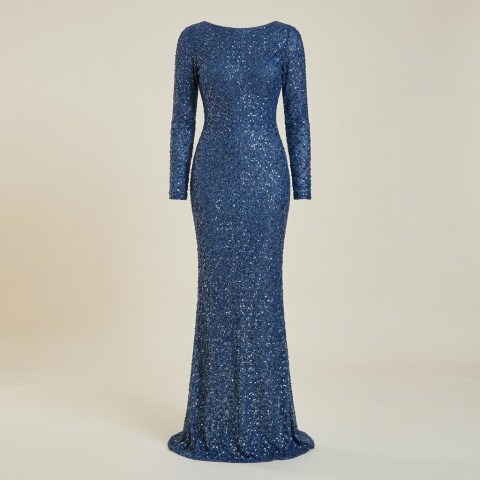 Robe de Soirée Longue Scintillante à Manches Longues Kenzel - Bleu