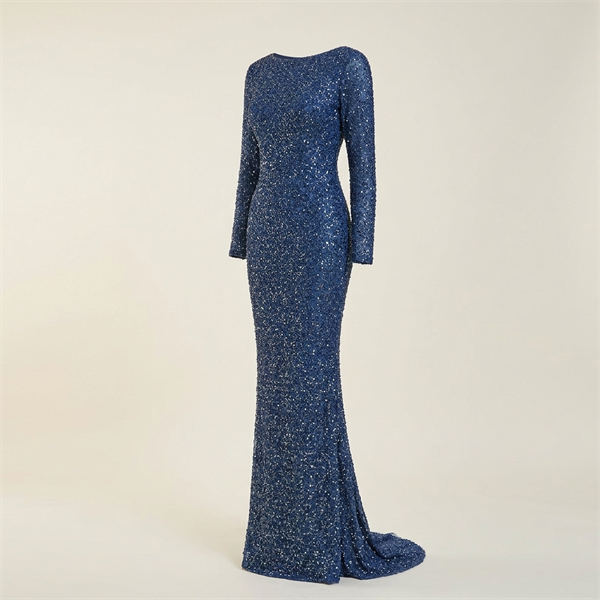 Robe de Soirée Longue Scintillante à Manches Longues Kenzel - Bleu