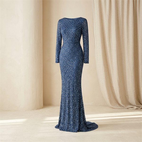 Robe de Soirée Longue Scintillante à Manches Longues Kenzel - Bleu