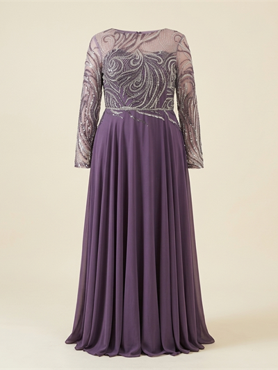 Robe de Soirée Longue Grande Taille Brodée de Paillettes - Mauve