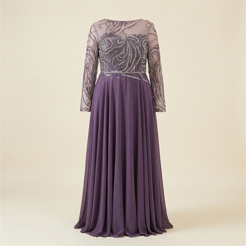 Robe de Soirée Longue Grande Taille Brodée de Paillettes - Mauve