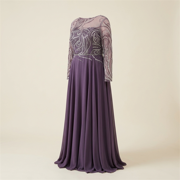 Robe de Soirée Longue Grande Taille Brodée de Paillettes - Mauve