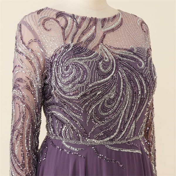Robe de Soirée Longue Grande Taille Brodée de Paillettes - Mauve